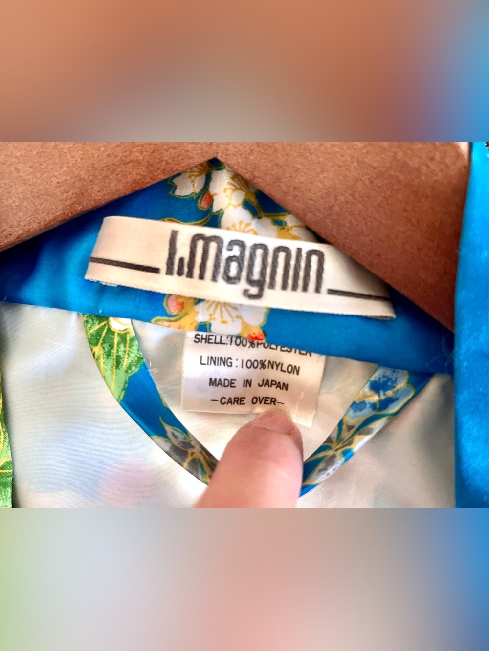 Vintage 70s I. Magnin Floral Kimono Robe Blue Satin Dressing Gown Made in Japan - Picture 8 of 14